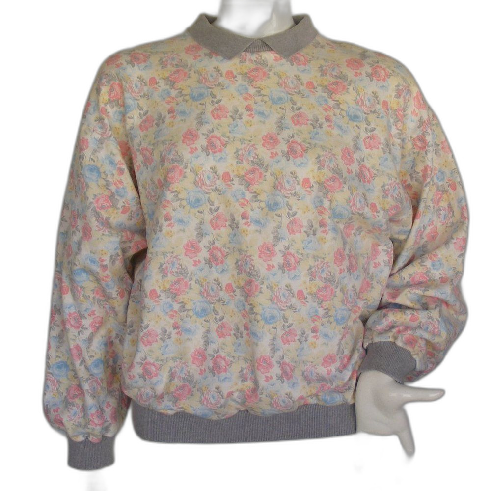 Vintage Granny Sweatshirt, L, multicolor Floral, Gray collar/cuffs, NAF NAF